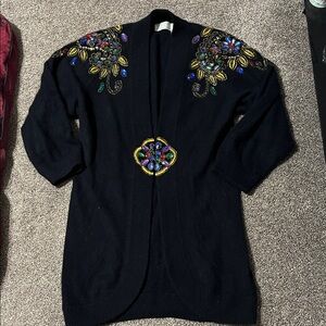 Vintage rare Elegant Black ANGORA Cardigan with Colorful jewels/Embroidery